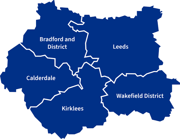 Map of West Yorkshire showing Bradford and District, Leeds, Calderdale, Kirklees and Wakefield District